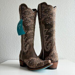 NEW Lane CALYPSO Brown Cowboy Boots 7.5 Leather Snip Toe Bridal Wide Calf Tall